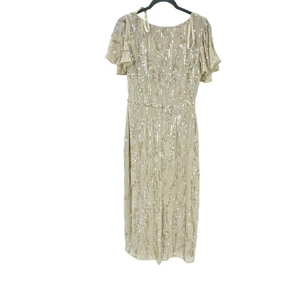 Mac Duggal Oyster Beige Sequined V Neck Flutter Sleeve Tea Length Dress 6 NWT - Picture 5 of 11